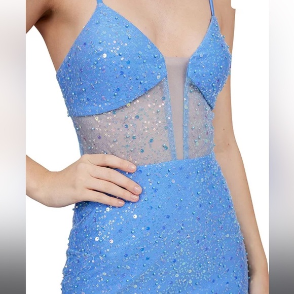 Dear Moon Juniors Periwinkle Illusion Corset Feather Skirt Gown Size 13 Sequins - Picture 3 of 16